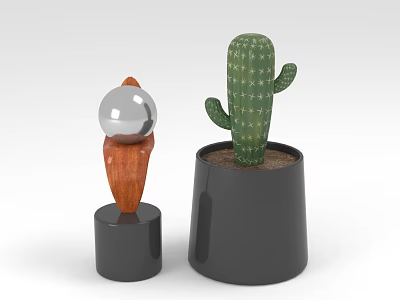 Green Cactus in Black Pot with Decorative Object Featuring Silver Sphere and Brown Wooden Base 3d model