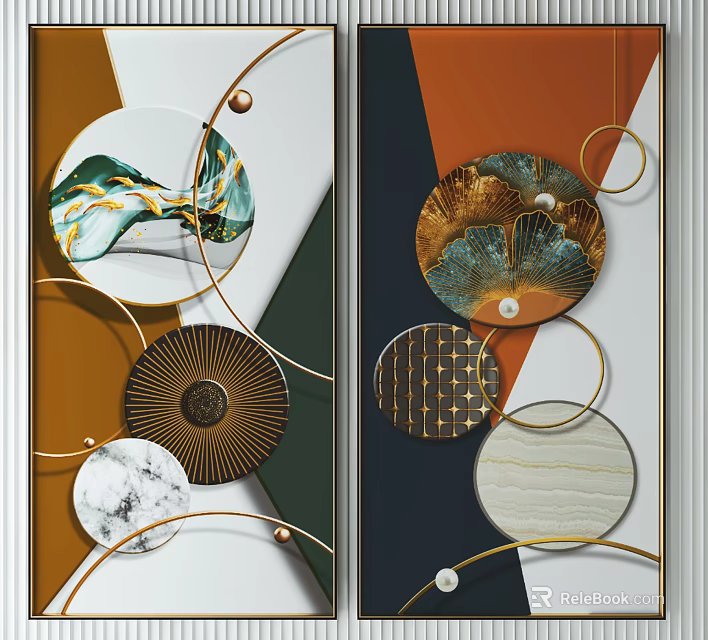 Modern Abstract Wall Decor With Circular Elements Gold Lines And Marble Patterns 3d model