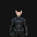 Detailed Game and Movie Character With Black Armored Suit Helmet Cape and Blue Tech Accents