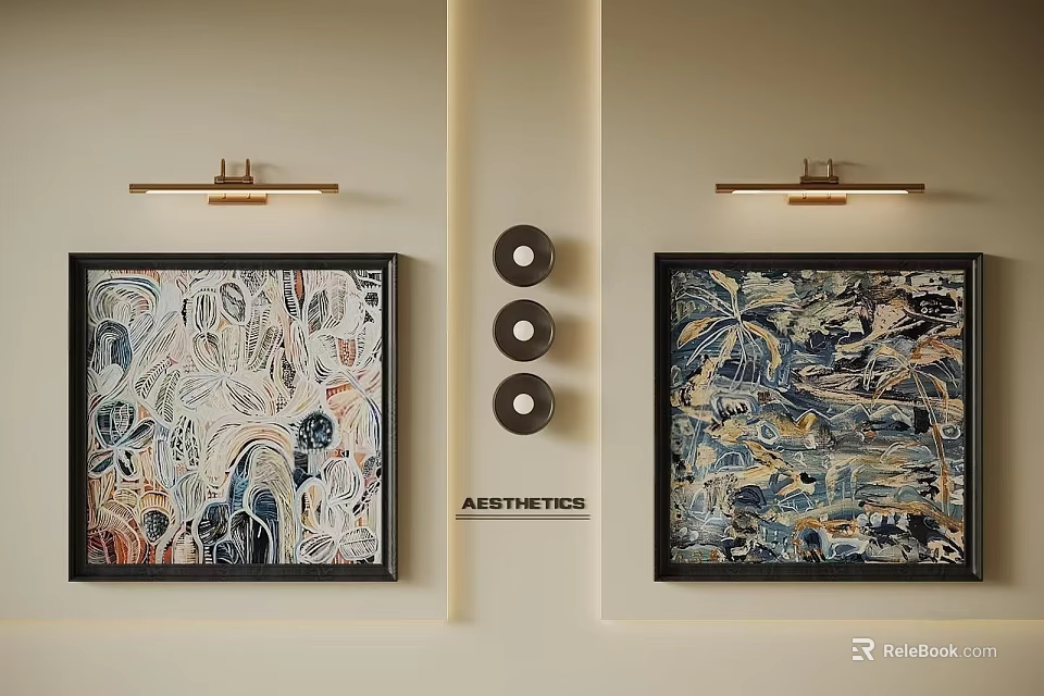 Abstract Paintings With Black Frames Hanging On Beige Wall Three Circular Decorations And Gold Sconces 3d model 