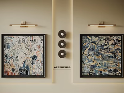 Abstract Paintings With Black Frames Hanging On Beige Wall Three Circular Decorations And Gold Sconces 3d model