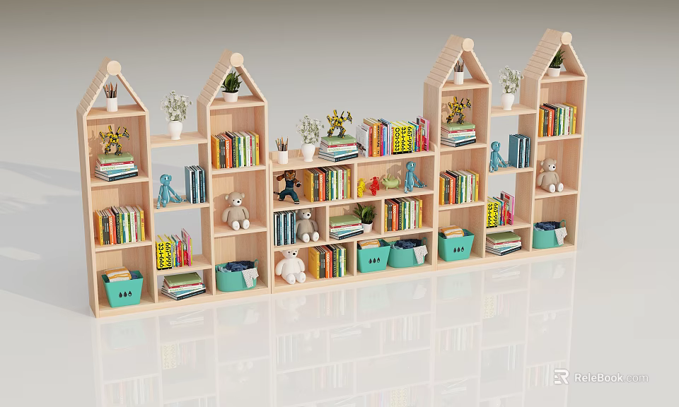Wooden Children's Bookshelves With Colorful Books Toys Baskets And Potted Plants 3d model 