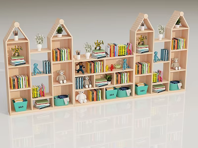 Wooden Children's Bookshelves With Colorful Books Toys Baskets And Potted Plants 3d model