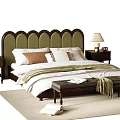Elegant Double Bed With Curved Dark Green Headboard Cream Pillows Bench Nightstands And Table Lamps