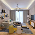 Modern Living And Dining Area Interior With Sofa Coffee Table TV Stand And Open Kitchen