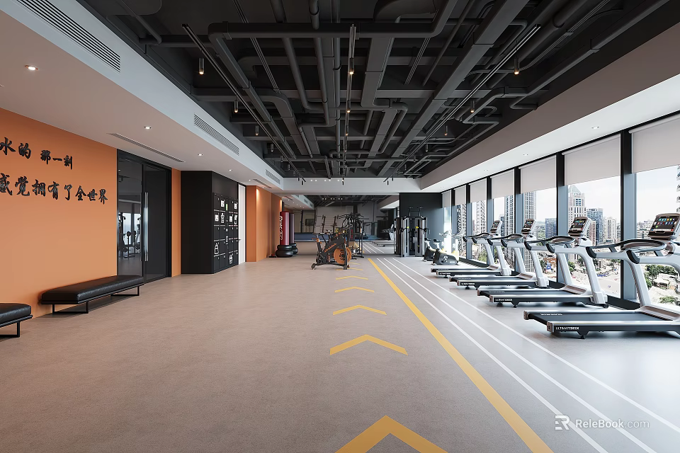 Modern Gym Interior With Open Space Treadmills Large Windows And Fitness Equipment 3d model 