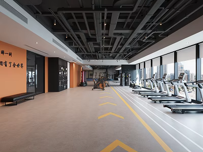 Modern Gym Interior With Open Space Treadmills Large Windows And Fitness Equipment 3d model