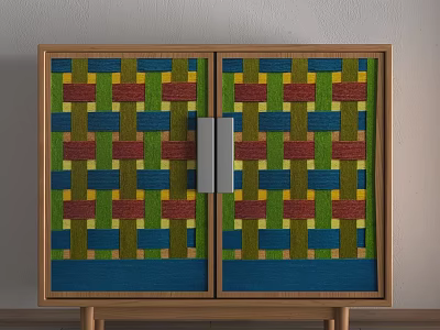 Modern Storage Cabinet With Colorful Woven Pattern Doors Wooden Frame And Metal Handles 3d model