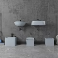 Bathroom Cleaning Space With Gray Wall Mounted Sinks White Cabinets Mop And Broom