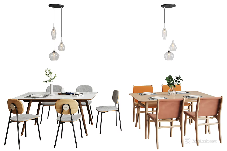 Modern Simple Dining Table Set with Gray Orange Chairs Pendant Lights and Plants 3d model