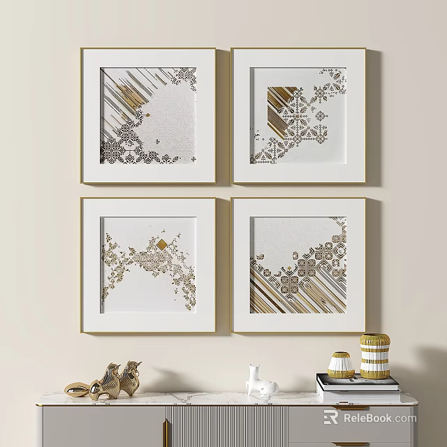 Elegant Decorative Paintings With Gold Patterns White Background And Gold Frames 3d model 