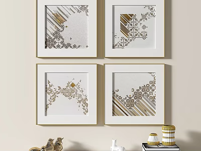 Elegant Decorative Paintings With Gold Patterns White Background And Gold Frames 3d model