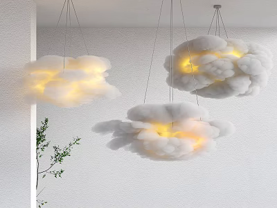 Cloud Pendant Lights Indoor Ceiling Soft Glowing With Green Plant White Wall 3d model