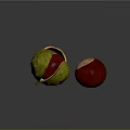 Split Chestnut Shell Revealing Red Nut And Whole Chestnut On Dark Surface