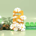 Park Photo Check-in Spot With Yellow Decor Structure White Daisies Green Bench Orange Flowers And Plants