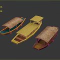 Three Traditional Wooden Boats with Colorful Hulls and Thatched Roofs Displayed on Dark Surface