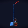 Blue Frame Hand Truck With Red Handles And Red Wheels For Transport