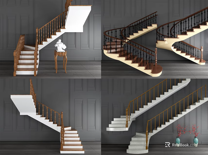 Modern Staircase Designs With Wooden Metal Railings White Steps And Gray Walls 3d model 