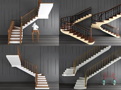 Modern Staircase Designs With Wooden Metal Railings White Steps And Gray Walls 3d model
