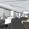 Modern Tea Room Interior with Round Tables White Chairs and Geometric Ceiling Decorations