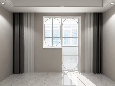 Modern Interior With Floor To Ceiling Window Dark Curtains And Marble Floor 3d model