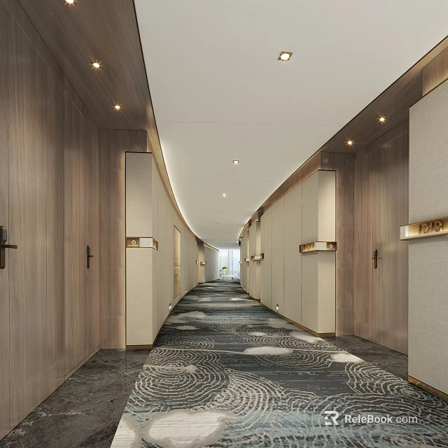 Modern Hotel Corridor With Wooden Walls Patterned Carpet And Ceiling Lights 3d model 