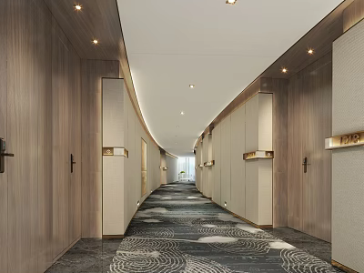 Modern Hotel Corridor With Wooden Walls Patterned Carpet And Ceiling Lights 3d model