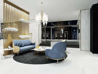 Elegant Modern Clothing Store Interior With Blue Sofa And Gold Chandelier 3d model