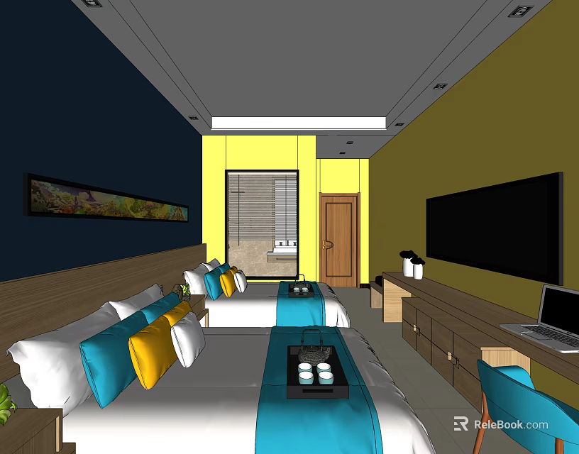 Hotel Guest Room With Two Beds Colorful Pillows Decorative Painting TV And Wooden Furniture 3d model 