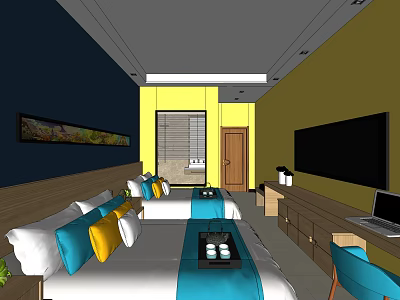 Hotel Guest Room With Two Beds Colorful Pillows Decorative Painting TV And Wooden Furniture 3d model