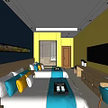 Hotel Guest Room With Two Beds Colorful Pillows Decorative Painting TV And Wooden Furniture