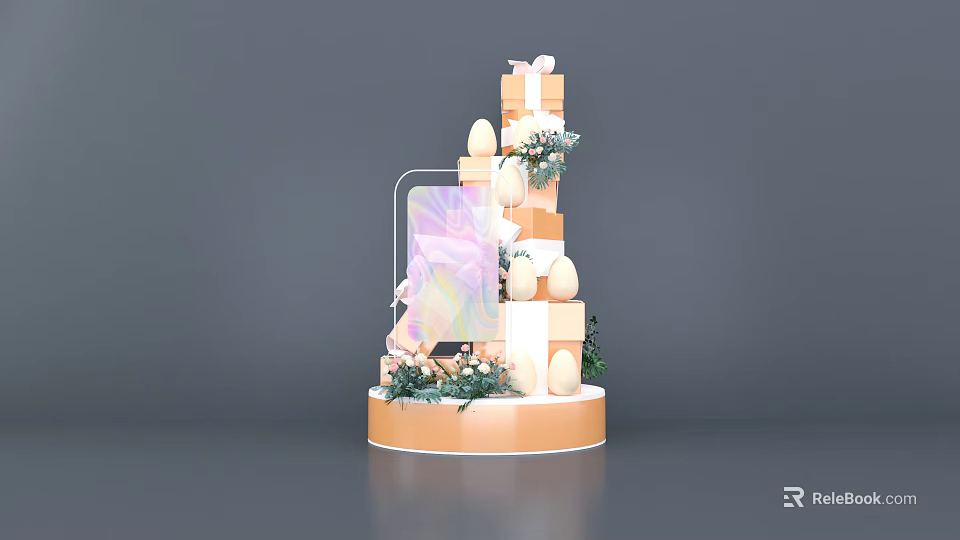 Decorative Display Stand With Stacked Boxes Orange Base Greenery And Decorative Eggs 3d model