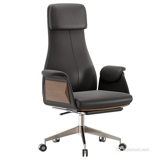 Modern High Back Leather Armchair With Wooden Armrests And Metal Base Wheels 3d model 
