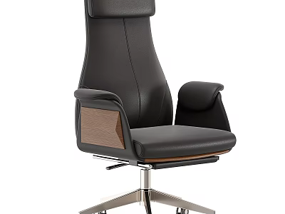 Modern High Back Leather Armchair With Wooden Armrests And Metal Base Wheels 3d model