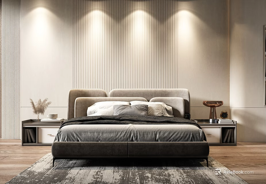 Modern Upholstered Double Bed In Neutral Toned Bedroom With Textured Wall Paneling And Nightstands 3d model 