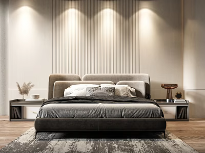 Modern Upholstered Double Bed In Neutral Toned Bedroom With Textured Wall Paneling And Nightstands 3d model