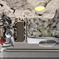 Cave Style Hotel Room with Starry Sky Ceiling Canopy Curtains Cozy Bed and Potted Plant