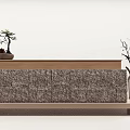 Modern Bar Counter With Stone Texture And Wooden Top Featuring Bonsai Plant And Silver Vase
