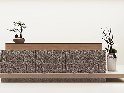 Modern Bar Counter With Stone Texture And Wooden Top Featuring Bonsai Plant And Silver Vase 3d model