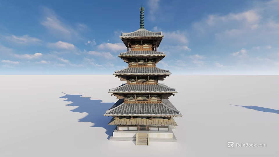 Traditional Five Story Pagoda With Gray Tiled Roofs And Stone Steps Against Blue Sky 3d model 