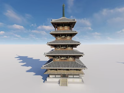 Traditional Five Story Pagoda With Gray Tiled Roofs And Stone Steps Against Blue Sky 3d model