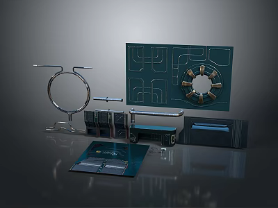 Futuristic Metal Gate With Circular Rings Blue Circuit Board And Transparent Panel 3d model