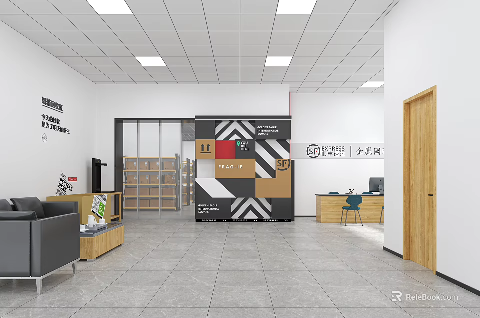 Elegant Modern Exhibition Interior With Display Shelves Sofa And Reception Desk 3d model 