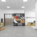 Elegant Modern Exhibition Interior With Display Shelves Sofa And Reception Desk