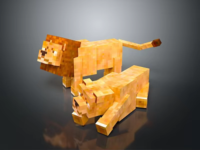 Two Minecraft Style Lion Statues Made of Yellow Blocks Standing and Lying Down 3d model