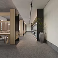 Modern Restaurant Interior Featuring Wooden Partitions Long Dining Table Display Shelves And Green Plant