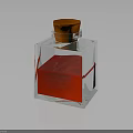 Transparent Square Glass Bottle With Orange Cap And Red Liquid On Dark Background With Reflection
