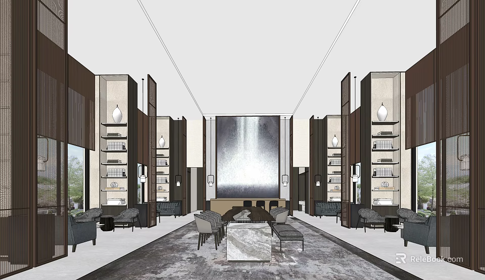 Modern Luxury Lounge Area With Comfortable Sofas Decorative Shelves And Elegant Carpets 3d model