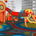 Colorful Playground With Red Slide Umbrella Structures And Circular Patterns Near High-Rise Buildings