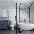 Spacious Bright Modern White Tiled Bathroom With Glass Shower Freestanding Tub And Blue Vanity Cabinet